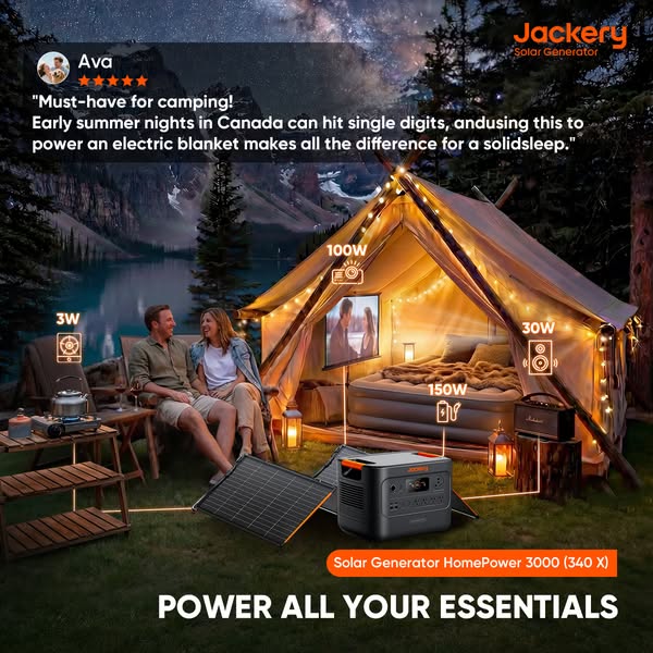 The ad features a product testimonial from a user named Ava, who says that Jackery products are a "must-have for ca