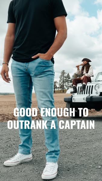 The ad is for a pair of jeans. The image features a man wearing the jeans and in the background a pirate sitting on a je
