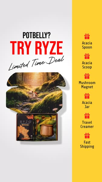 This ad is designed to promote the Ryze mushroom coffee product as part of a limited time deal with free gifts. The ad g