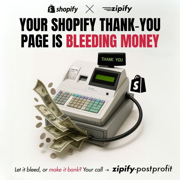 The ad highlights the problem of Shopify thank-you pages losing money and presents Zipify as the solution to turn them i