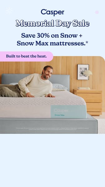 This ad for Casper promotes a Memorial Day sale offering 30% off of Snow and Snow Max mattresses. The ad showcases a man