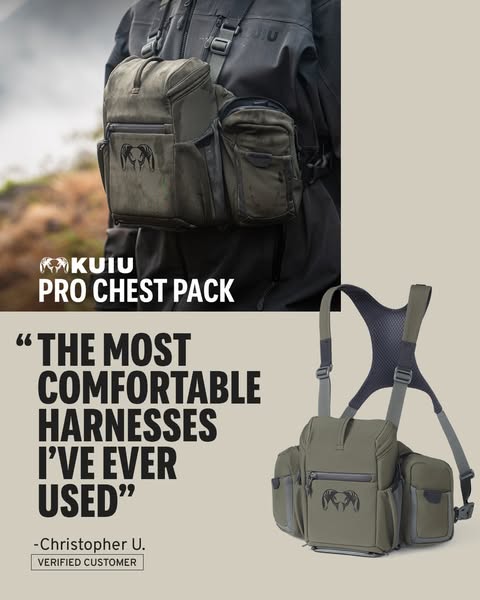 This ad features a testimonial from a verified customer about the comfort of the KUIU Pro Chest Pack. The ad includes a 
