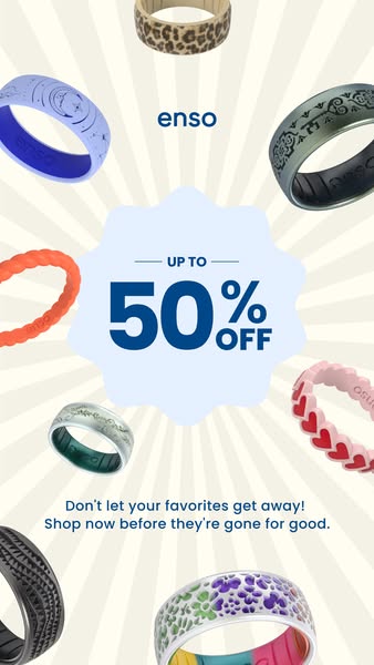 This image ad for Enso rings features various styles of their silicone rings arrayed around a badge shape with the text 