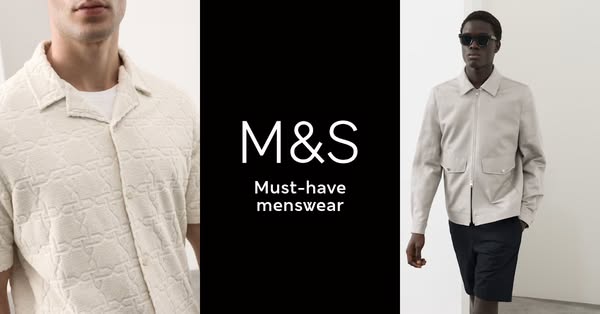 This image ad for M\u0026S showcases the brand's must-have menswear collection, featuring two different outfits in a