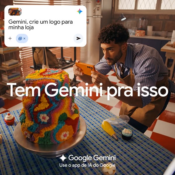This image ad for Google Gemini features a baker who uses the product to generate a logo for their shop.
