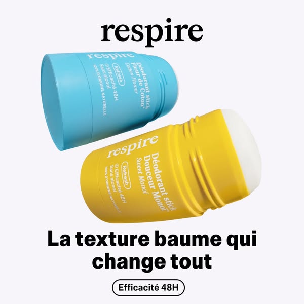 This ad features two Respire deodorant sticks in different scents. The ad highlights the balm-like texture and 48-hour e