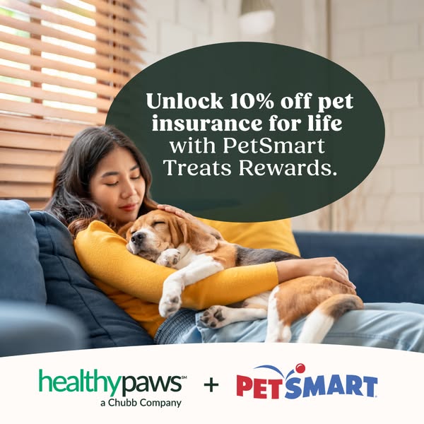 This image ad highlights the partnership between Healthy Paws and PetSmart to offer pet insurance, emphasizing a lifetim