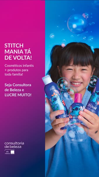 This ad promotes a line of kid's cosmetics and beauty products with a Disney Stitch theme. It also promotes an oppor