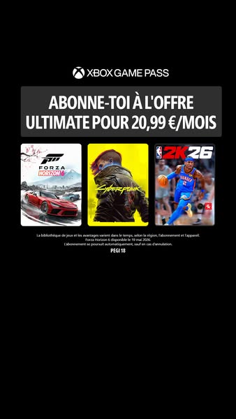 This ad promotes the Xbox Game Pass Ultimate subscription, highlighting the variety of games available. It features a bl
