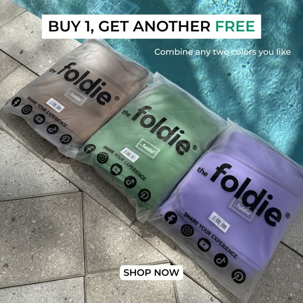 This image ad for The Foldie promotes a buy-one-get-one-free offer, inviting customers to mix and match colors. Three pa