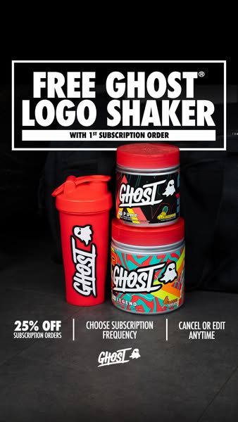 The ad promotes a Ghost brand shaker bottle for free with the first subscription order of Ghost brand supplement product
