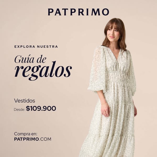 This image ad by PATPRIMO showcases a long, floral dress. The ad includes promotional text that invites users to explore