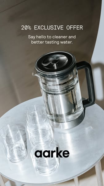 This ad promotes Aarke's water filter pitcher with an exclusive 20% off offer. The ad highlights the benefits of cle