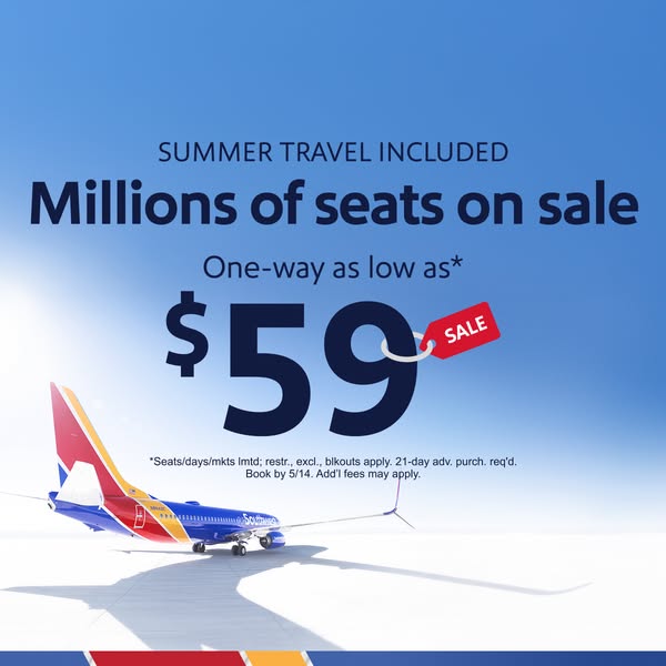 This ad promotes Southwest's summer travel sale with one-way tickets as low as $59. The offer is promoted against a 