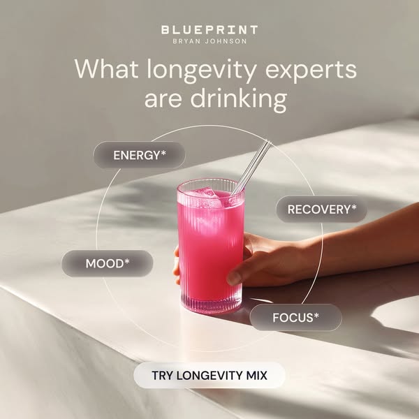 This ad promotes Blueprint's Longevity Mix. It features a glass of the product and highlights its various benefits, 