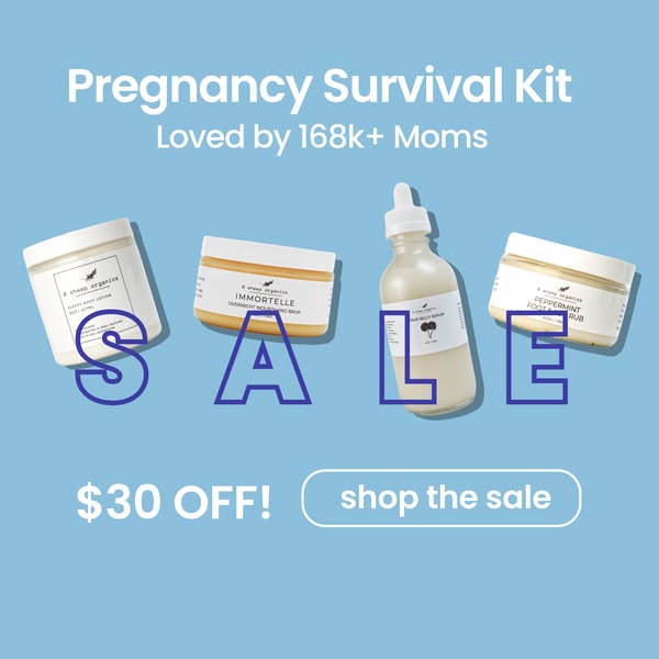This image ad promotes the R Sheep Organics brand, highlighting their pregnancy survival kit, now on sale. The ad presen