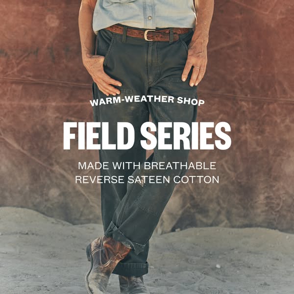 This image ad features a rugged-looking pair of pants, highlighting their breathability and versatility for warm-weather