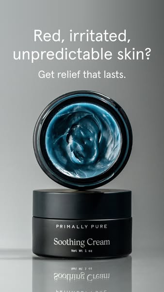 The ad shows a skincare product designed to provide relief for red, irritated, and unpredictable skin.