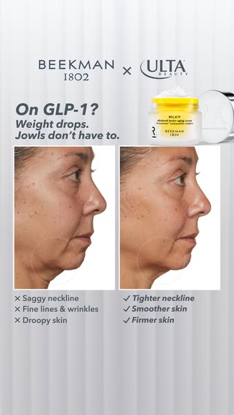 This ad highlights the Beekman 1802 Milky! Advanced Retinal Peptide Cream. It shows the profile of a person's face, 