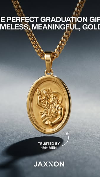 This ad features a gold chain necklace with a pendant from Jaxxon, highlighting that it's the perfect meaningful and