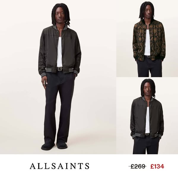 This ad features a man wearing a black bomber jacket and black pants. The ad also shows two other versions of the jacket