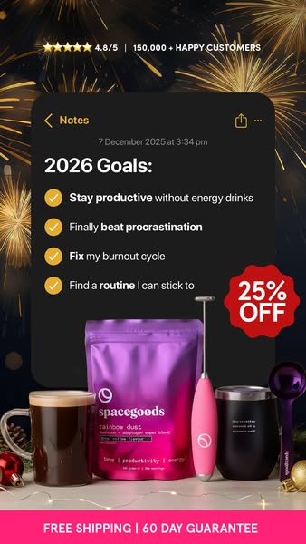 This ad for Spacegoods features a screenshot of a note on a phone listing goals for 2026, including staying productive w