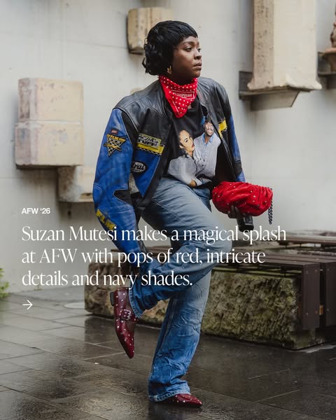 An image ad shows Suzan Mutesi at AFW in red, navy, and intricate details. The ad highlights the pops of red in the outf