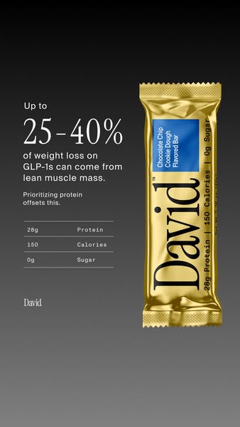 This ad showcases a David protein bar. The ad emphasizes the bar's high protein content, low sugar content, and cont