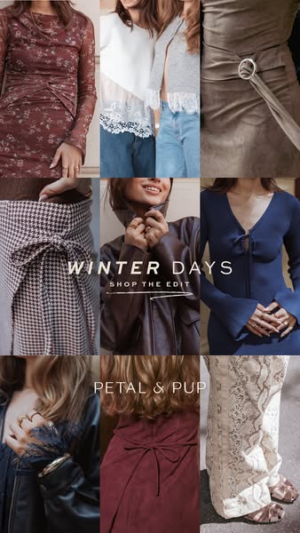 This image ad for Petal & Pup features a grid of styled clothing items for winter.
