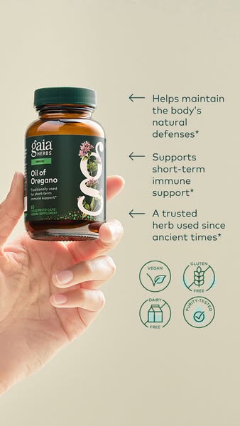 This ad for Gaia Herbs Oil of Oregano highlights the product's benefits and features, such as supporting the body