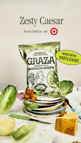 This ad features a bag of Graza Zesty Caesar Homestyle Potato Chips. The background appears to be a disorganized Caesar 