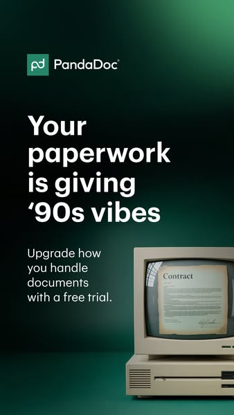An ad promoting PandaDoc is shown with a vintage computer that has a digital contract on the screen. The ad copy says th