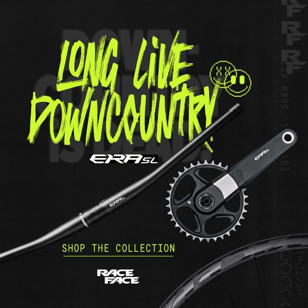 This ad showcases the Race Face ERA SL product line for downcountry riding. The visual style emphasizes a cool, edgy aes