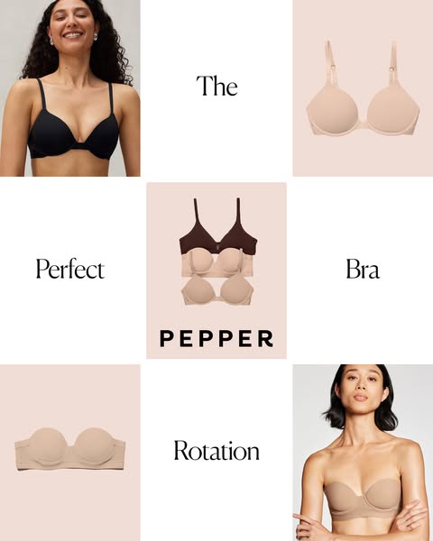 This ad showcases Pepper brand bras in a 3x3 grid format, highlighting the variety of styles and colors available. The a