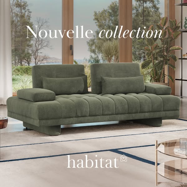 This ad showcases the Nouvelle collection by Habitat, featuring a stylish green sofa in a well-lit, modern living space.