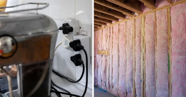 This ad shows a comparison of two images, a multi-plug connected to a kitchen appliance and an insulated wall. This form