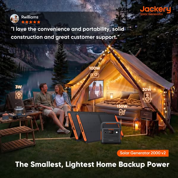 This ad features the Jackery Solar Generator 2000 v2. A customer review highlights the product's convenience, portab