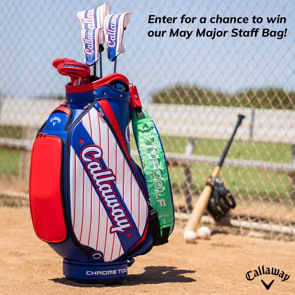 Image for a giveaway of a Callaway golf staff bag. The ad features the bag in front of a baseball bat and glove, presuma