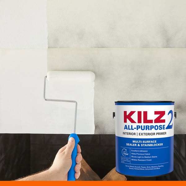 This ad promotes KILZ 2 All-Purpose Interior/Exterior Primer by showcasing the difference between a surface before and a