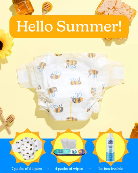 The ad showcases Hello Bello's summer diaper and wipes bundle, highlighting the convenience of purchasing in bulk wi