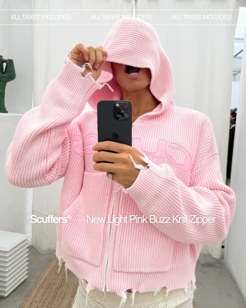This ad showcases Scuffer's pink knit zipper hoodie, highlighting its design and features. A person is shown wearing