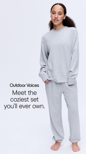 This ad showcases a matching lounge set from Outdoor Voices. The ad features a woman wearing the set against a white bac