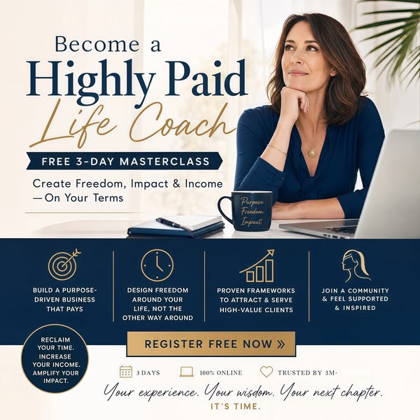 This ad promotes a free 3-day masterclass to become a highly paid life coach. The ad features a photo of a woman resting