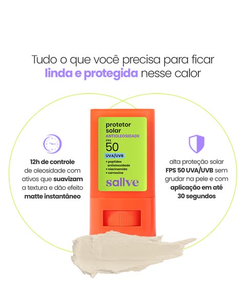 This ad promotes Sallve's sunscreen stick, highlighting its oil control, matte finish, and quick absorption.