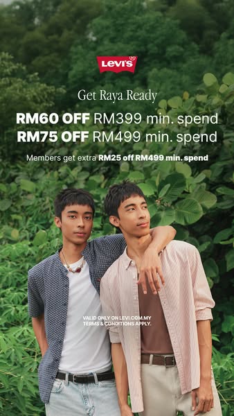 This image ad by Levi's promotes discounts for the brand's Raya Ready collection. The ad features two models wea