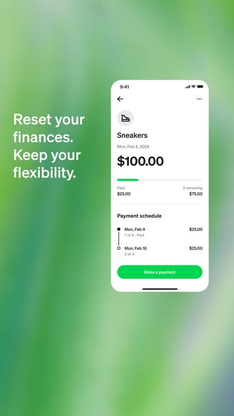 This ad promotes a payment plan app that allows users to split payments into installments. The ad features a screenshot 