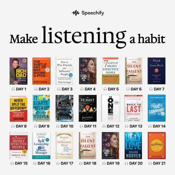 This ad promotes Speechify by showcasing a 21-day habit-building challenge centered around listening to popular books. T