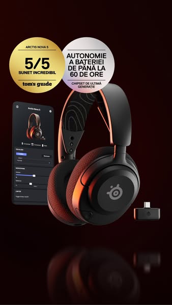 This ad showcases the Arctis Nova 5 headset, emphasizing its incredible sound and long battery life. It uses a clean vis