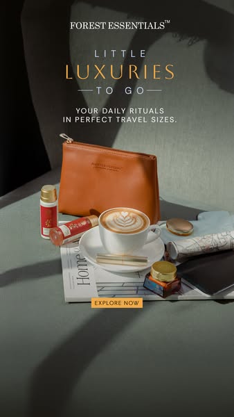 This ad features a collection of Forest Essentials products geared towards travelers who want to maintain their self-car