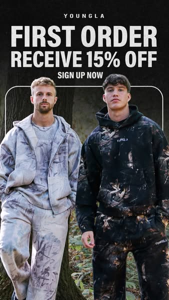 This image ad promotes YoungLA apparel, offering 15% off the first order upon signing up. Two male models are shown wear